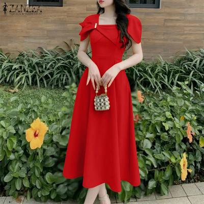 Women Casual Square Collar Summer Short Sleeve Long Dress