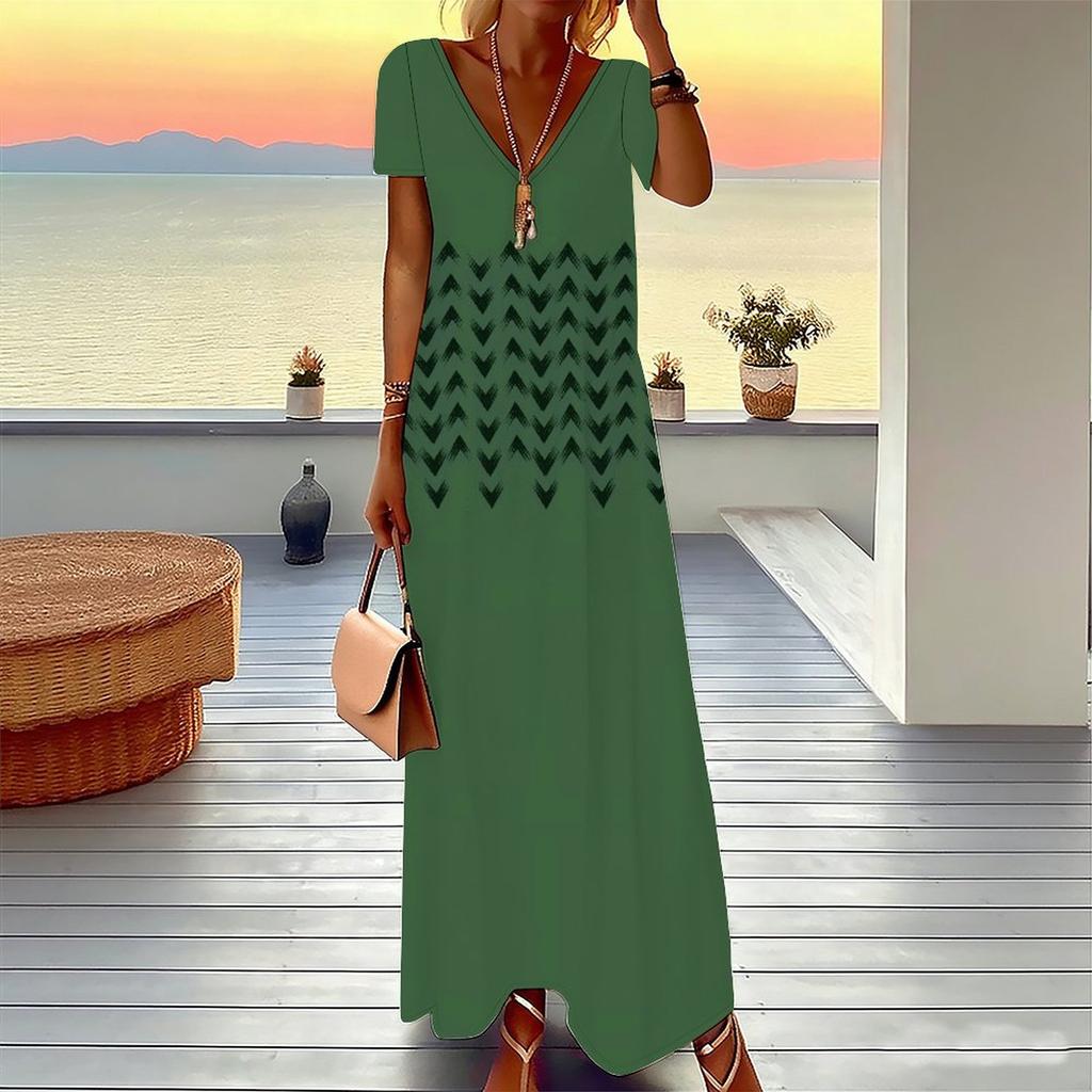 Women Plus Size V Neck Short Sleeve Maxi Dress Black White Tie Dye Stripe Print Loose Long Dress