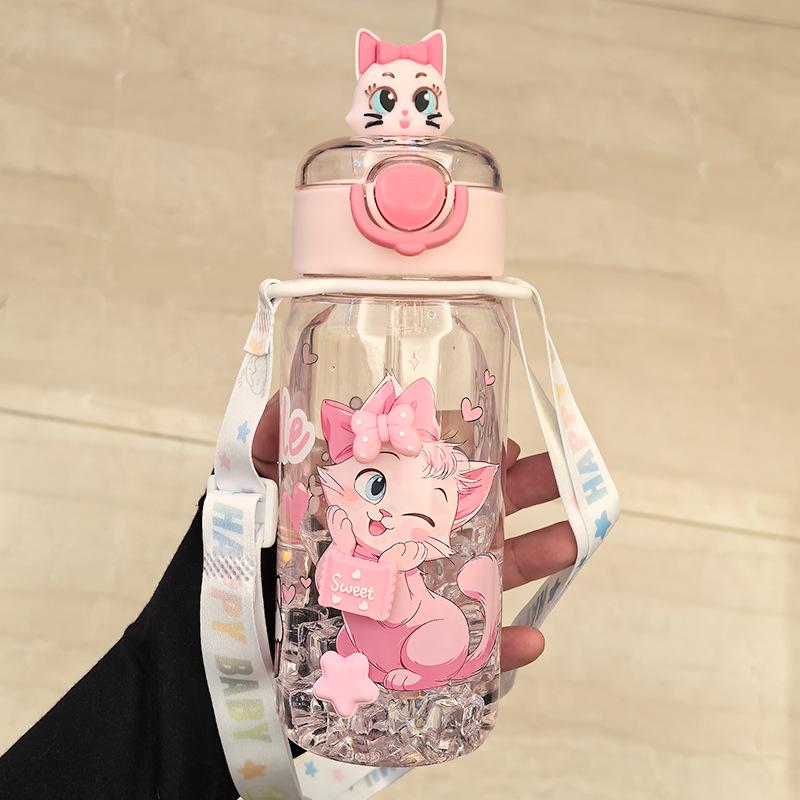 Portable Cartoon Water Cup with Strap - Durable, High-Temperature Resistant Plastic, One-Button Open Straw