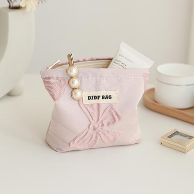 Borsa per il trucco da donna, piccola borsa per il trucco con fiocco rosa, rossetto, cuffie, portamonete portatile, porta carte da viaggio, stile Ins