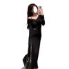 French black off-the-shoulder v-neck long-sleeved dress, autumn dress for women, small man with waist temperament, waist-exposed, bottom-up dress