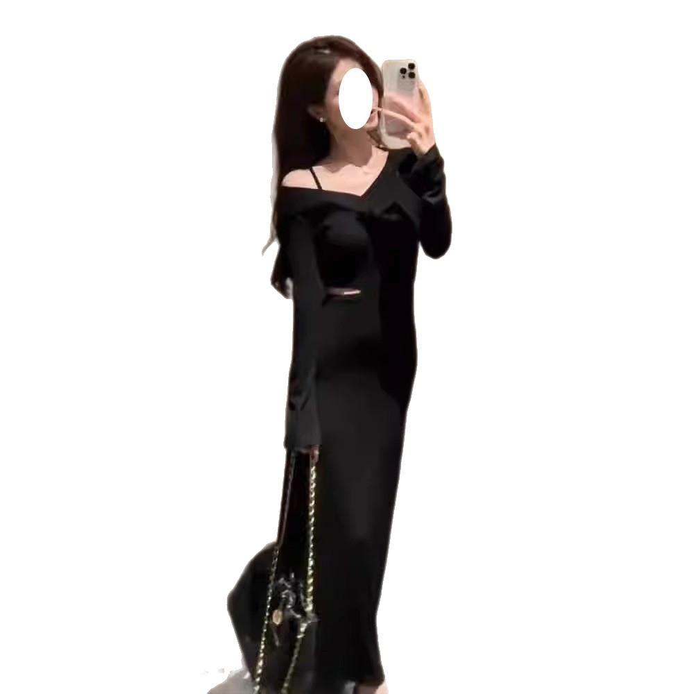 French black off-the-shoulder v-neck long-sleeved dress, autumn dress for women, small man with waist temperament, waist-exposed, bottom-up dress
