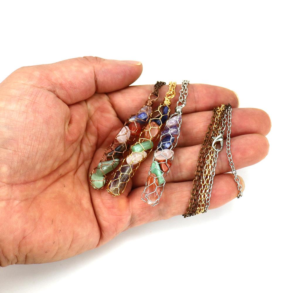 Hand-Wound Natural Gravel Crystal Amethyst Agate Mesh Pocket Pendant Necklace N721