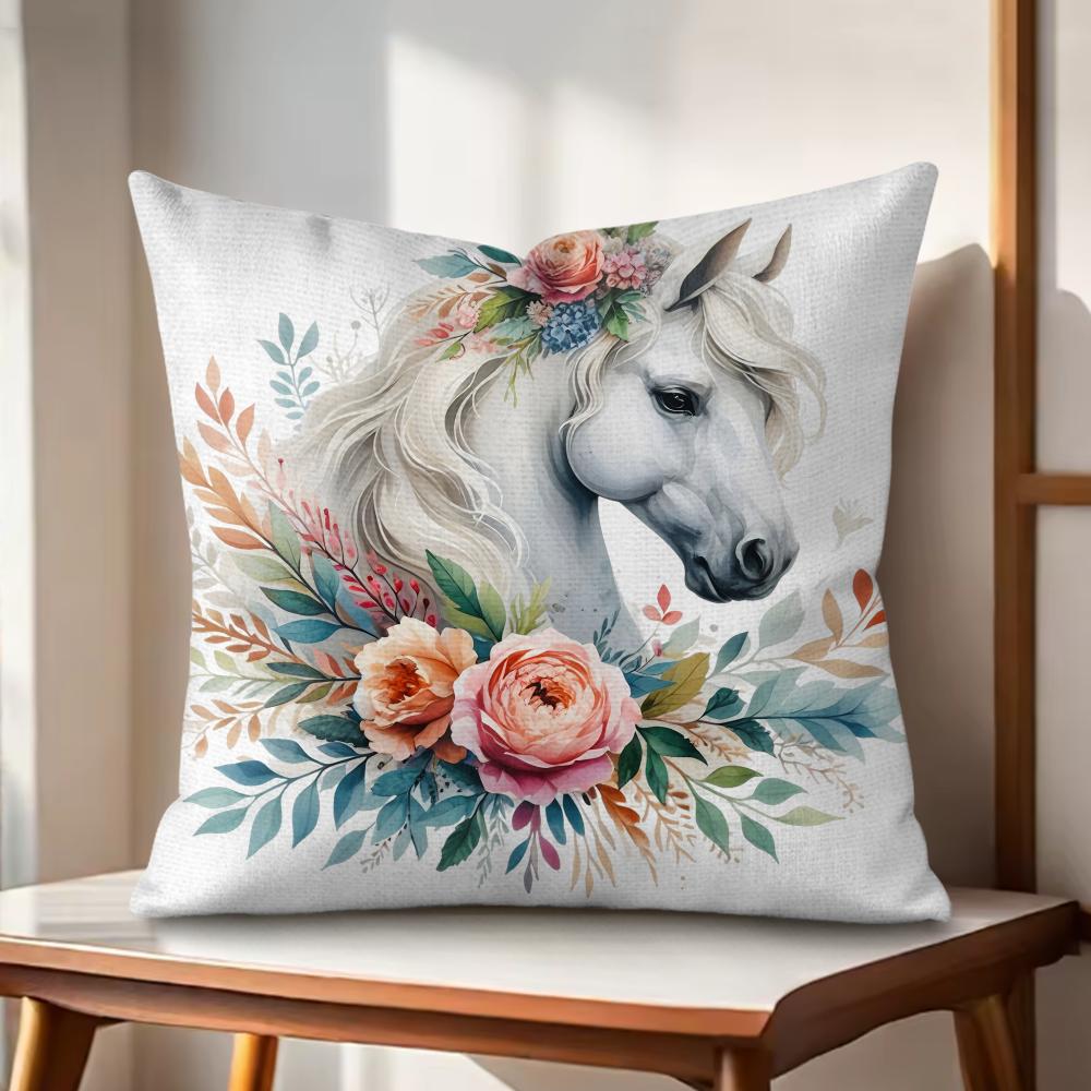 Watercolor Horse  Floral Cushion Cover Natural Linen Organic Fabric DoubleSided Printing Couch Pillow Covers Home Decor