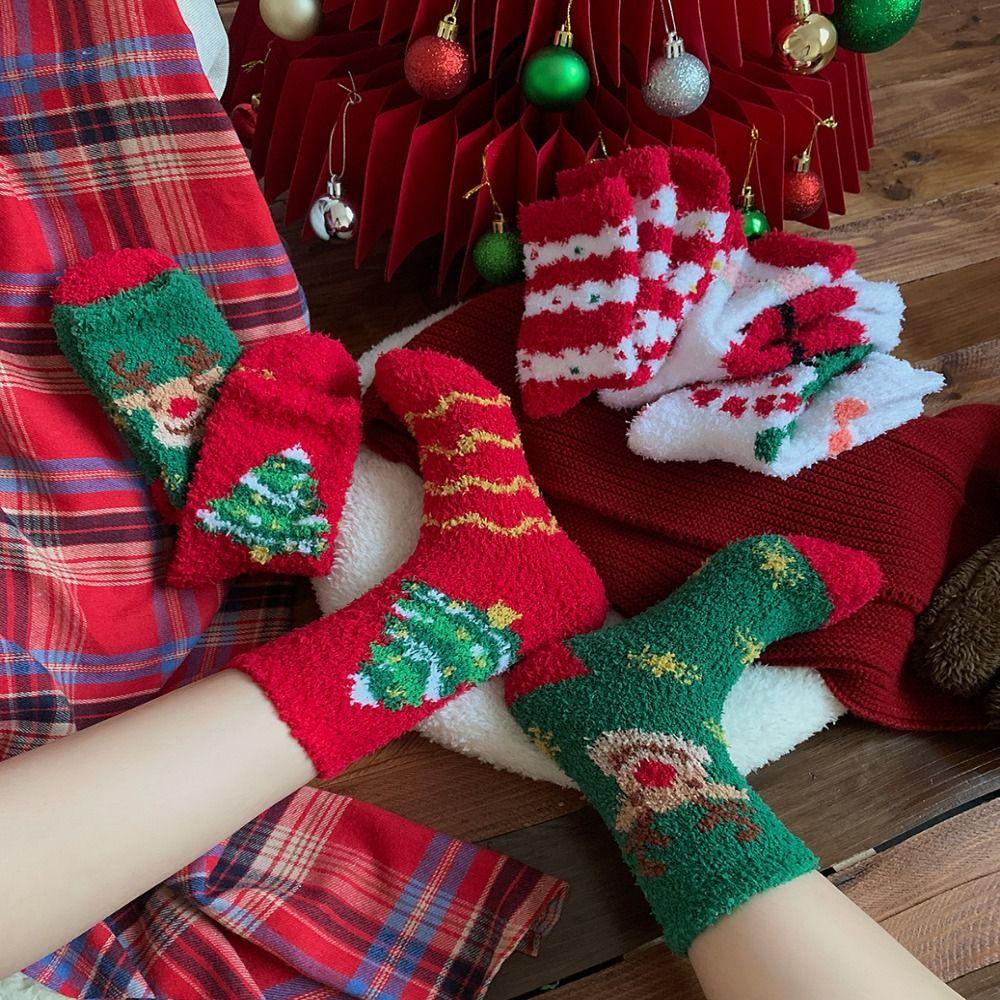 

5Pairs Cartoon Christmas Fleece Socks Santa Claus Winter Floor Socks Fall/Winter