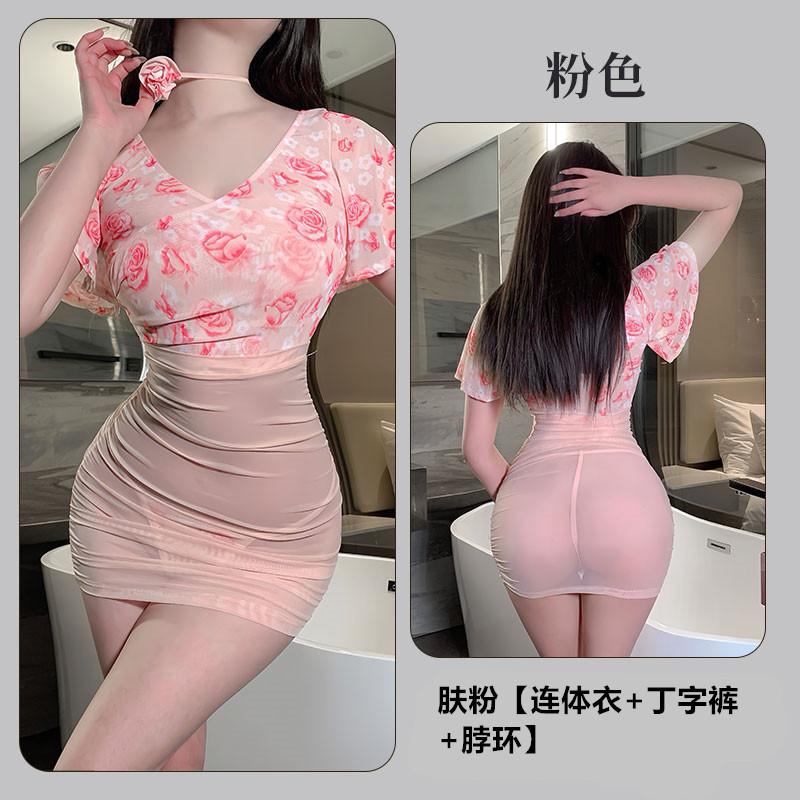 Sexy lingerie sexy perspective deep V floral rose gauze high waist hip skirt uniform 9