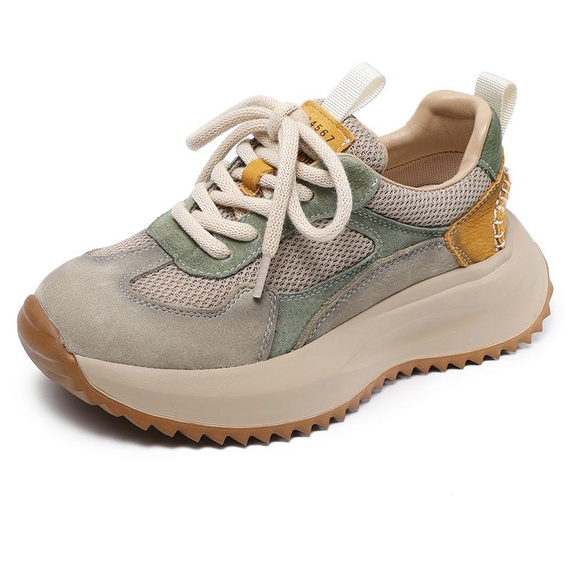 Johnature Mesh Splicing Genuine Leather Breathable Women's Shoes Thick Sole Mixed Colors Casual Sports Shoes