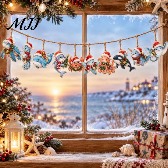 Holiday Party Decorations for Home Christmas Wooden Sea Animal Pendants, 2D Flat Ocean Themed Cartoon Figures, Decorative Cute Life Ornaments