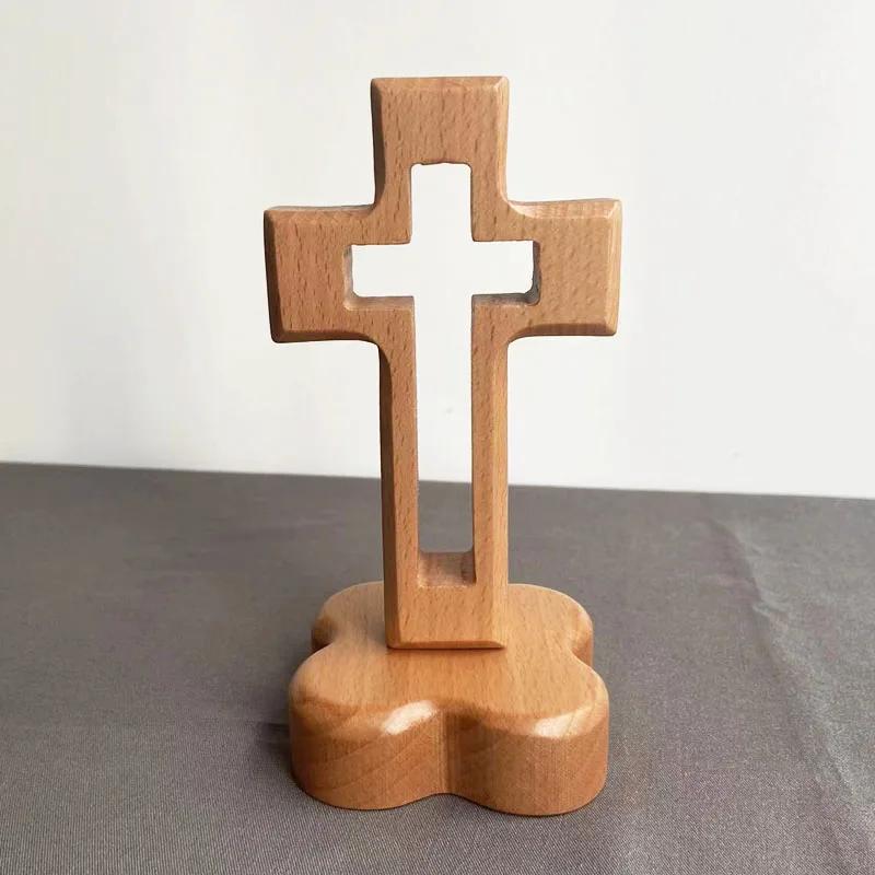 Wooden Cross Crafts Desk Ornaments Beech Wood Cross Wood Carving Table Decor Christian Cross Decoration Christmas Jesus Christ