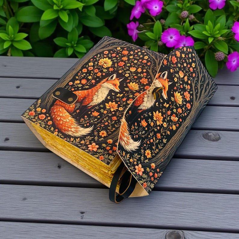 Fox Leather Journal Vintage Handmade, Grimoire Fat Journal with Key Blank Spell Book of Shadows, Celestial Christmas Gifts