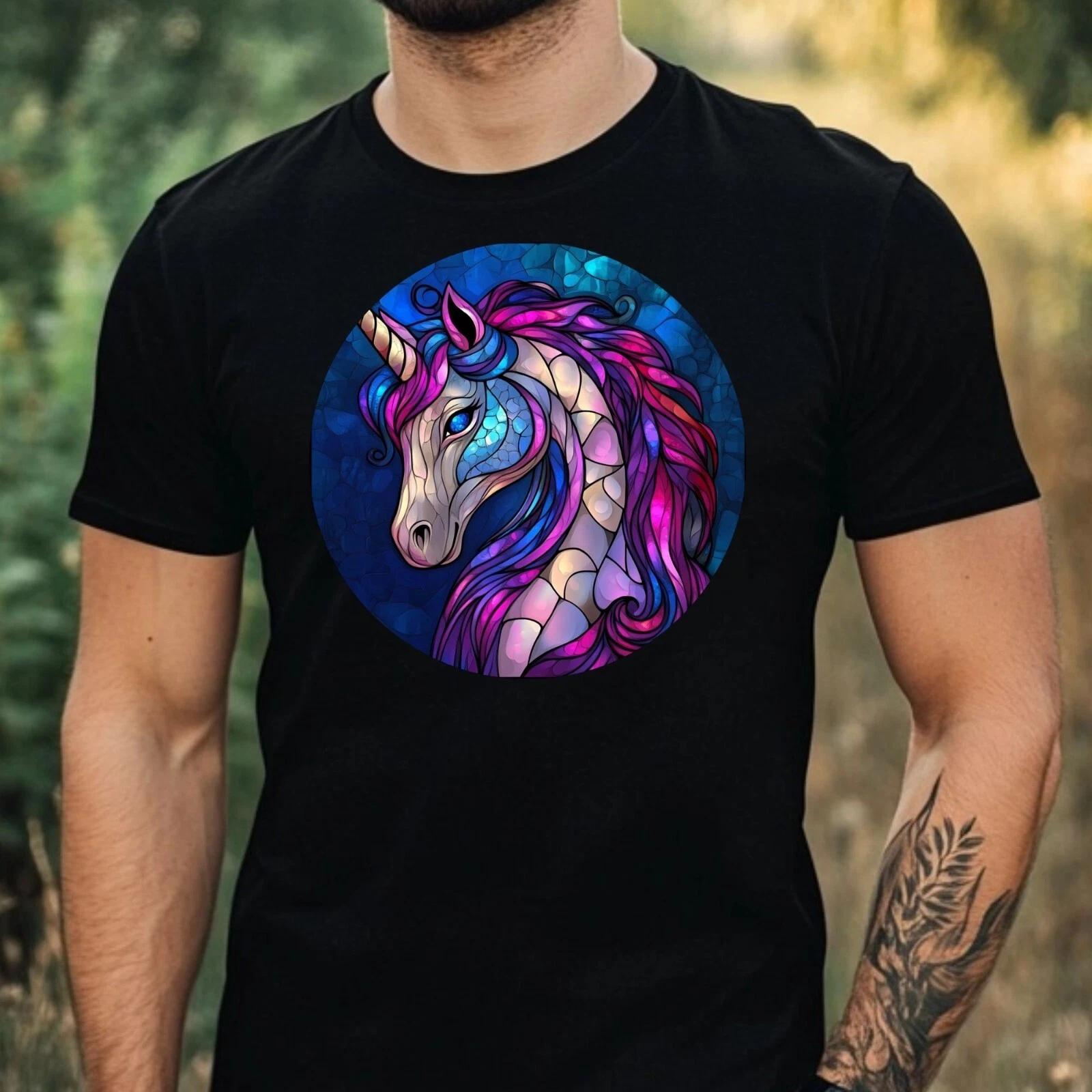 T-Shirt Herren Einhorn Buntglas Motiv Baumwolle Größe XS bis 5XL S