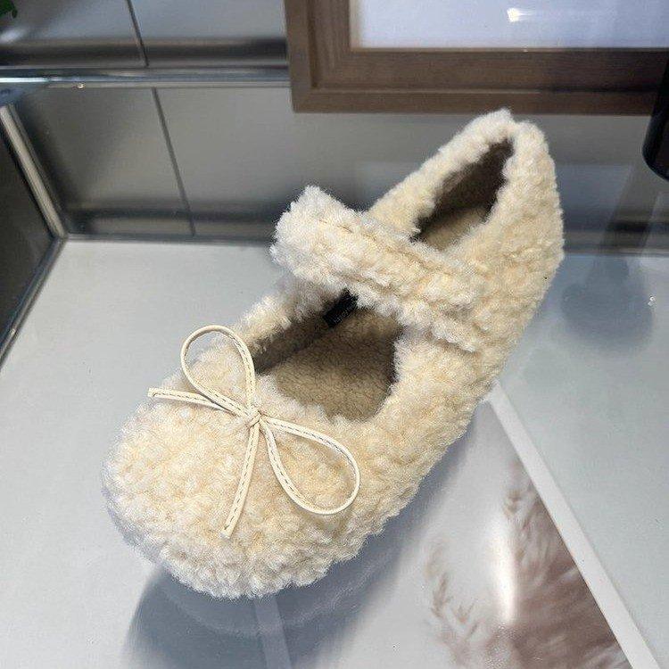 Full of Sweetness~ Milky White Velvet Mary Jane Wool Shoes Women's Winter Lamb Wool Flat-bottomed Warm Beanie Cotton Shoes