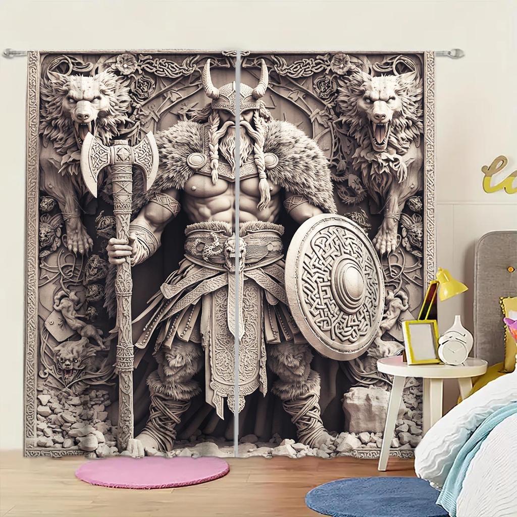 2 Panels Horde Warrior Relief Pattern Window Curtains    Distinctive Printed Curtains   Suitable for Gifting To Family and Friends
