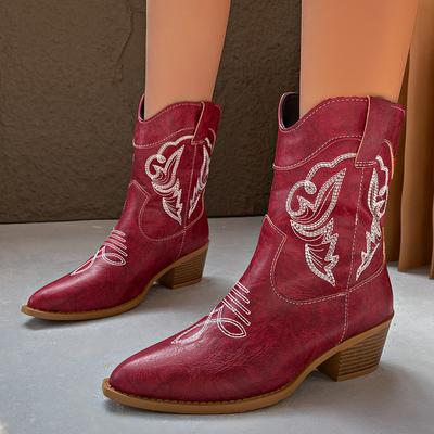 Western Boots Women's Shoes Autumn Winter Fashion Pointed Toe Embroidered Style Square Heel Mid-Calf Knight Boots Plus Size 43