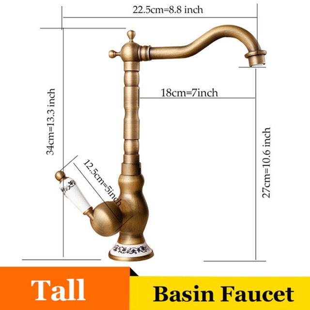 Antique Brass Basin Faucet Creamic Single Handle Hot And Cold Mixer Tap 360 Rotation Deck Mount Bathroom Crane Kitchen Faucet
