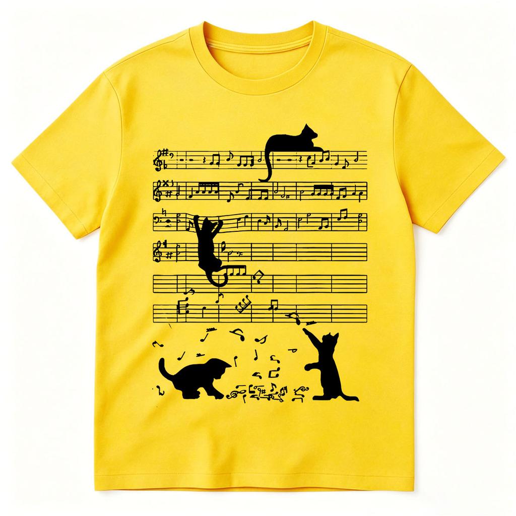 Funny Cat Playing Music Note Clef Musician Art Piano Graphic Tshirts Unisex Clothing Fashion High Quality Tshirt Top