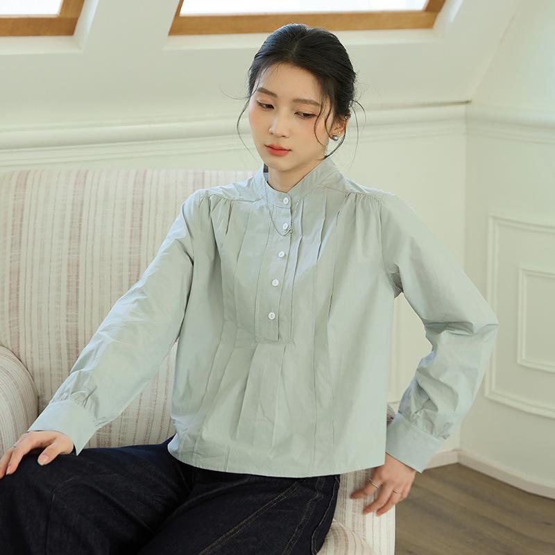 Women's Pleated Stand Collar Long Sleeve Shirt - Loose, Versatile, Elegant Design for Daily Wear