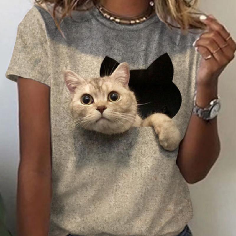 Women's 3d Dogs Cat Print T-Shirt Fashion Womens Tees Y2k Tops Harujuku Kawaii Oversized Summer O-Neck Top Female Clothing