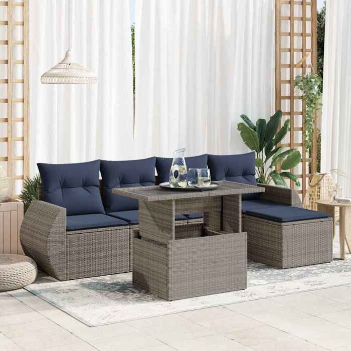 VidaXL Salon de jardin avec coussins 6 pcs gris résine tressée acacia, ensemble de canapés d'extérieur, salon de jardin 3326622