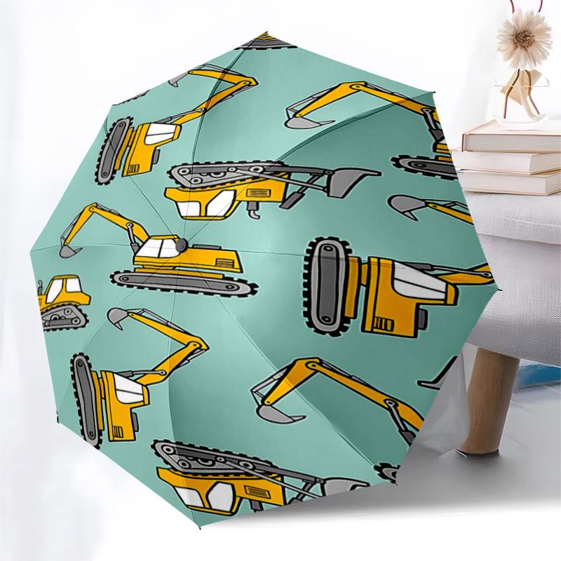 Construction Vehicle Print Umbrella Automatic Opening&Closing,Portable 3 Fold Design,8 Rib Iron Frame Outdoor Umbrella,Perfect Gift f