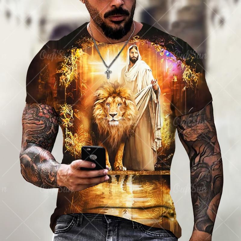 Christ Jesus T-Shirts for Men 3D Lion Printed T-Shirt Summer Clothes Short Sleeve Streetwear Vintage