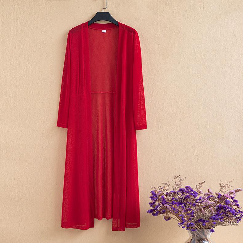 

Весна-лето, корейская длинная сетчатая шаль с солнцезащитной курткой с длинными рукавами, пляжная накидка, тонкая куртка, кардиган из ледяного шелка 6XL красный