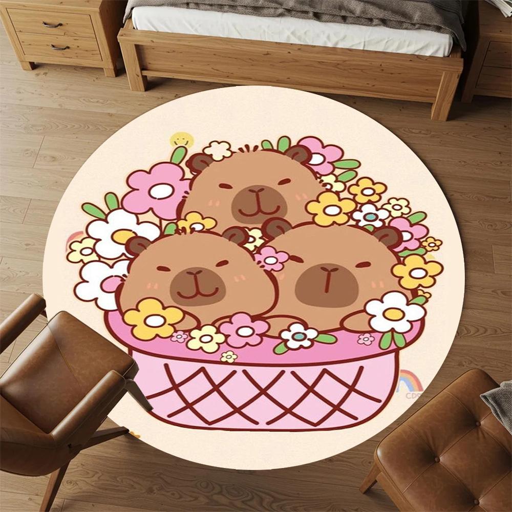 1PC Basket Flowers Capybara Round Chair mat Area Rug - Non-Slip, Floor Mat for Office, Bedroom, home decor Christmas Gift c0528069