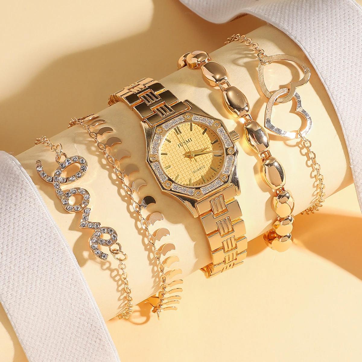 

Fashionable diamond-encrusted Octagon case steel strap women s quartz watch love bracelet set of 5, suitable for holiday gifts золотой