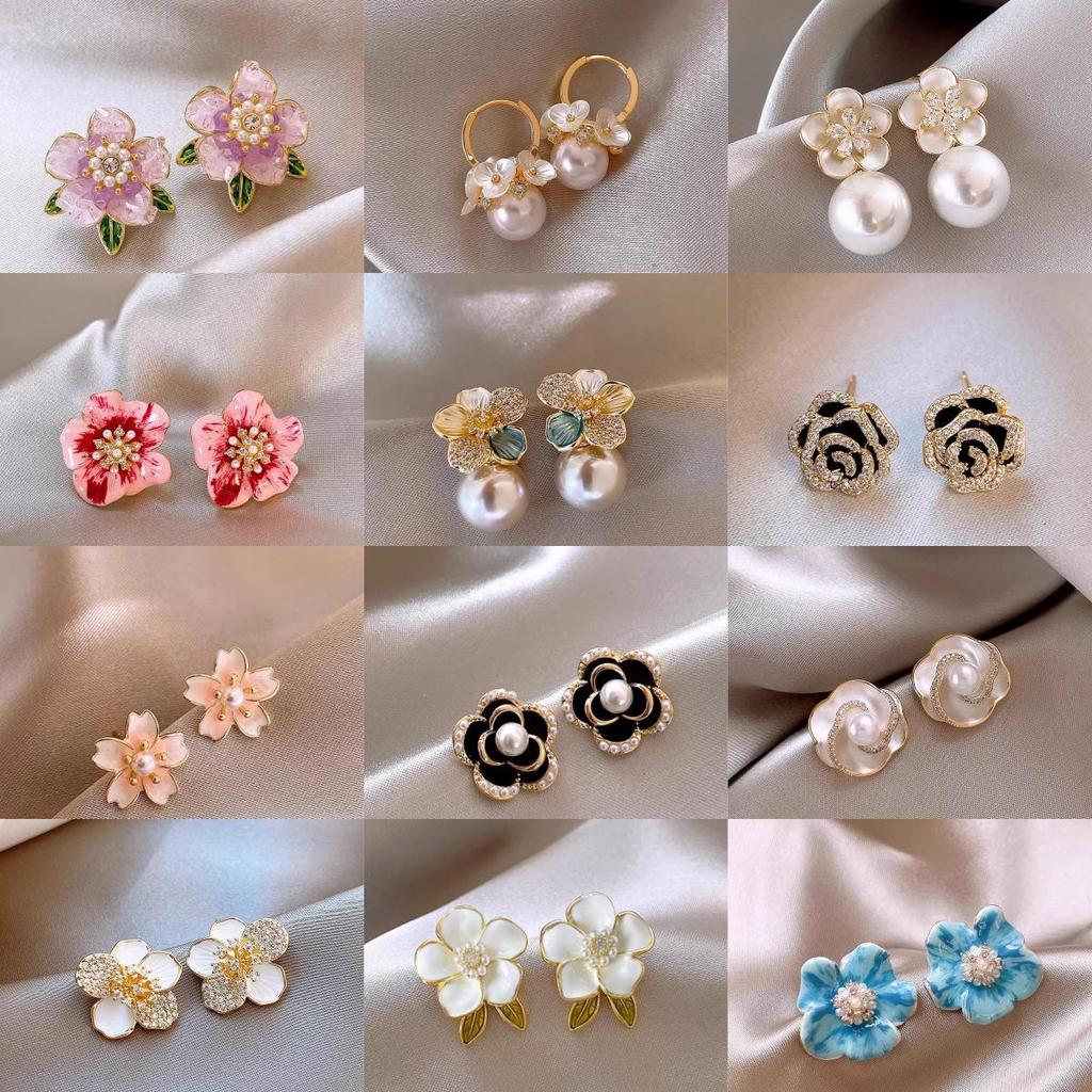 Elegant Zircon Flower and Pearl Stud Earrings - High-End Niche Design