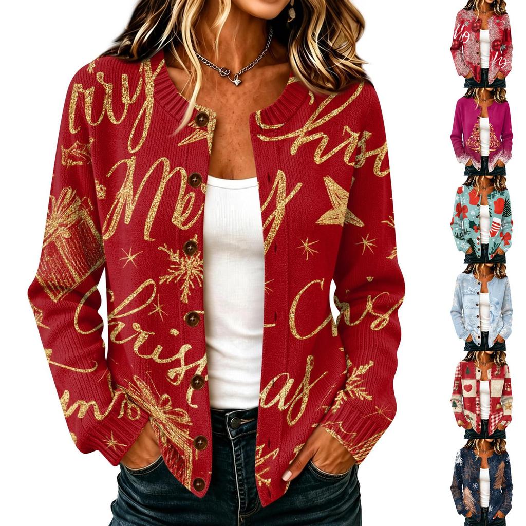 Damen Casual Christmas Print Langarm Knopfleiste Strick Cardigan Pullover Mantel für Feiertagskleidung
