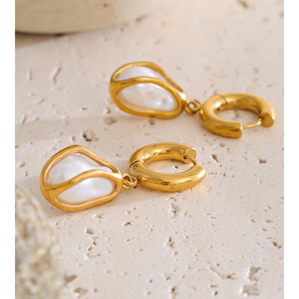 Yhpup New Arrivals Baroque Simulated Pearls Geometric Drop Hoop Earrings Stainless Steel Fashion Modern Jewelry Accessorics