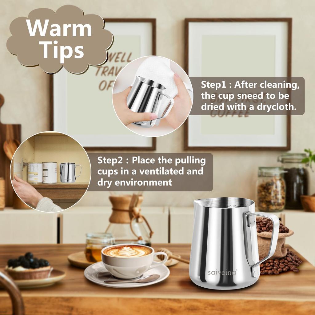 Saiveina Milk Jug Milk Pitcher Stainless Steel Milk Frothing Pitcher Coffee Latte Art Milk Pot Drink Pitcher Stainless Steel Graduated 350ml 12 Oz