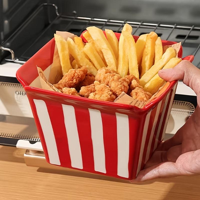 25.36oz Striped Cartoon Ceramic Snack Bucket, French Fry Popcorn Storage Bowl for Movie Night Home Decor