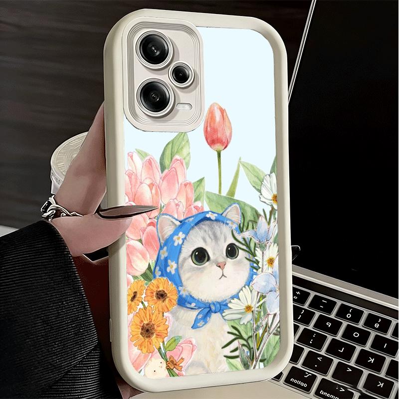 Cute Floral Headscarf Kitten Soft Phone Case for Xiaomi Poco X7 X6 X5 Pro X4 Gt X3 F7 Ultra M8 M7 Redmi 15C 15 14C 13 13C 12 12C