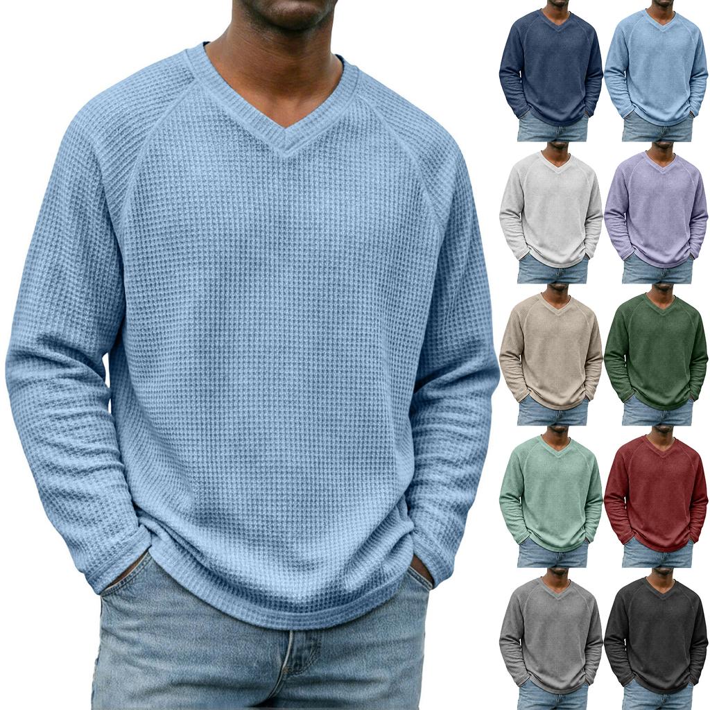 Men's Knit V-Neck Long Sleeve T-Shirt Breathable for Casual Everyday Wear