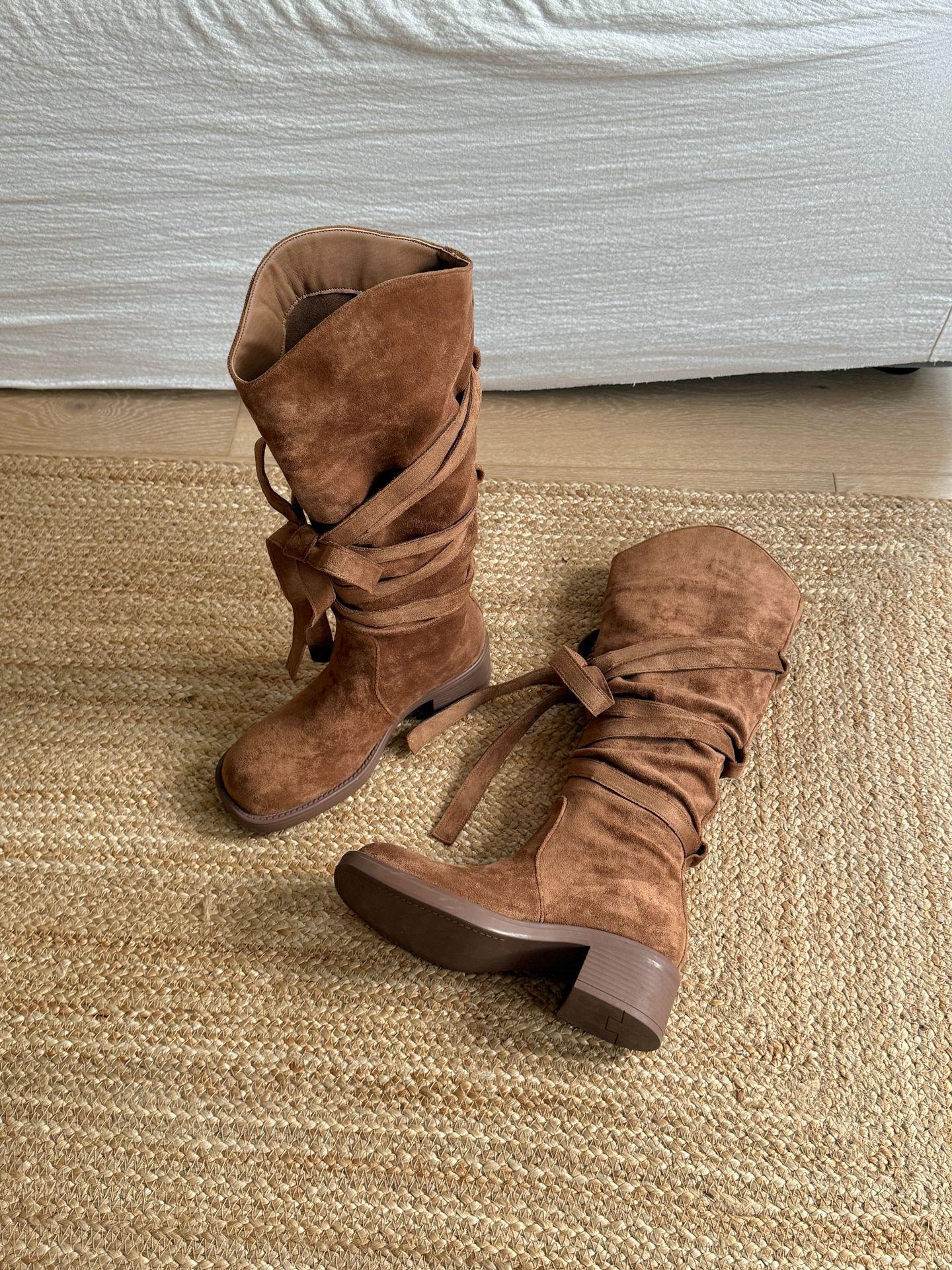 

Soft leather French retro style bow strap medium and high knight boots women s 2025 new fashion thick heel boots 39