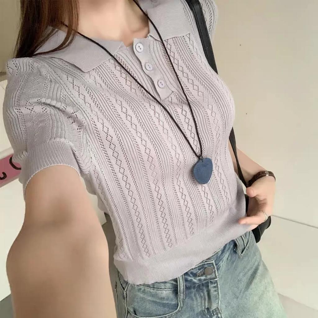 Solid Knitted T-shirts Hollow Out Thin Spring Summer Sweet T Shirt for Women Korean Elegant Top