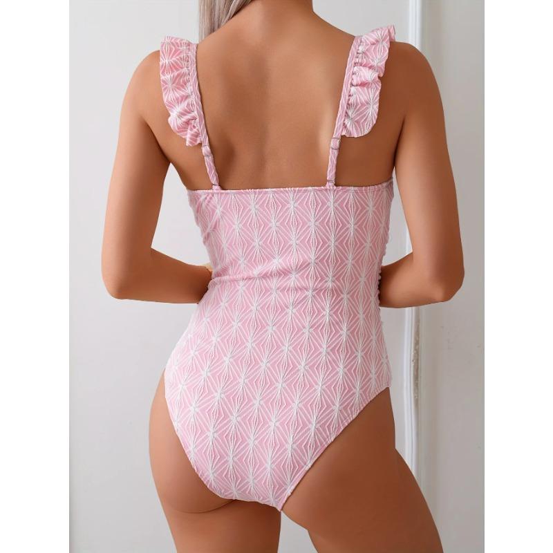 Vintage Ruffles Strap One Piece Swimsuit 2025 Women Pink Mesh Contrast Underwire Slim Tummy Control Swimwear Beach Bathing Suit