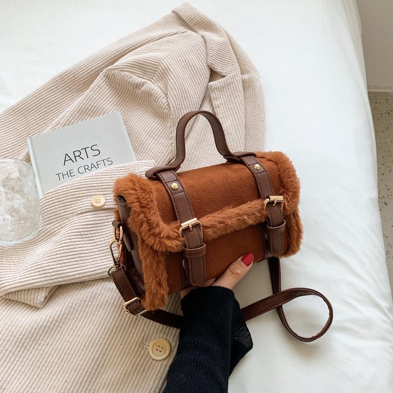 Autumn Winter PU Women's Crossbody Bag Ladies Vintage Satchels Patchwork Soft Plush Handbags For Female Fahion Messenger Bag