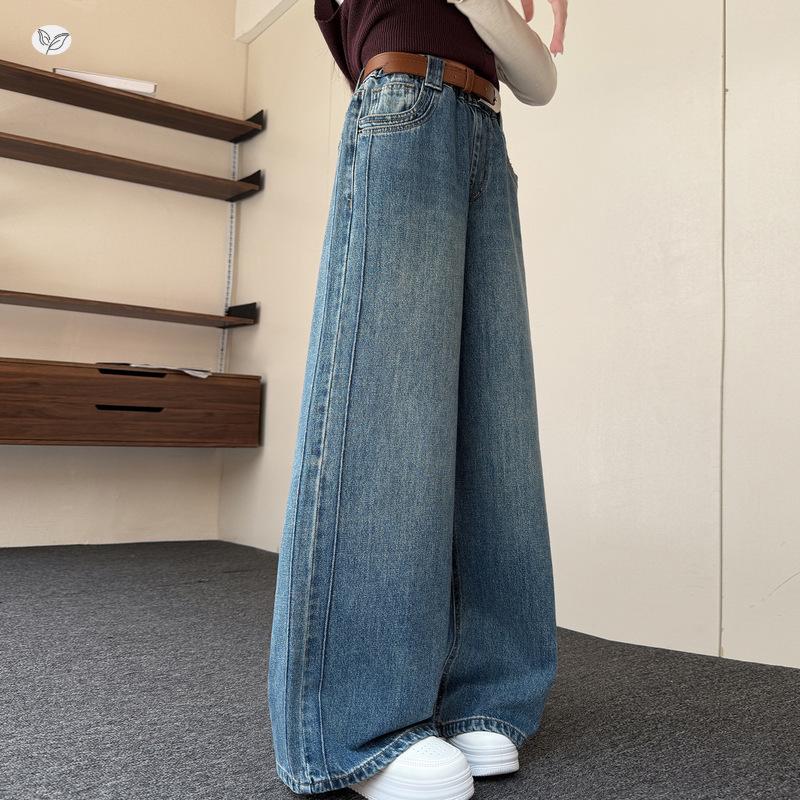 2026 Versatile Girls' Straight & Wide Leg Jeans with Patchwork for Middle & Big Kids