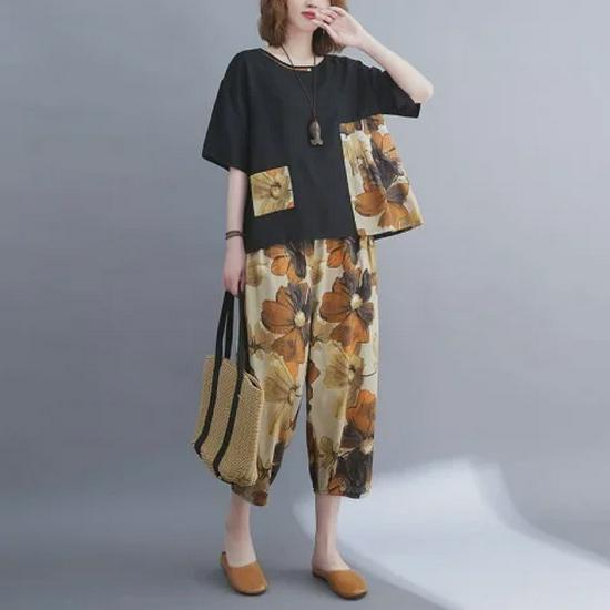 

Летний модный комплект из двух предметов для женщин больших размеров с коротким рукавом и широкими брюками 4XL