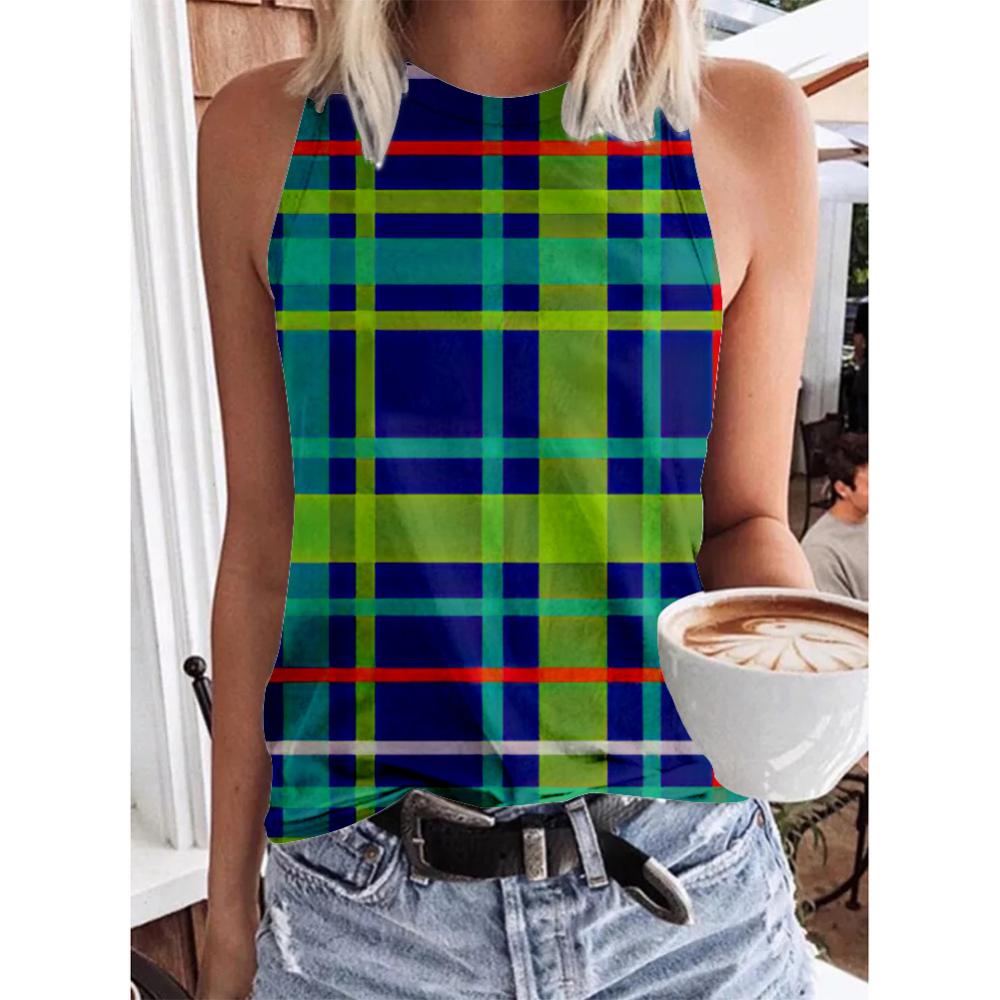 Women's Geometric Rainbow 3D Printed Sleeveless T-shirt, Round Neck Off Shoulder Casual Tank Top, Y2K Sleeveless T-shirt, Women's Summer Dress