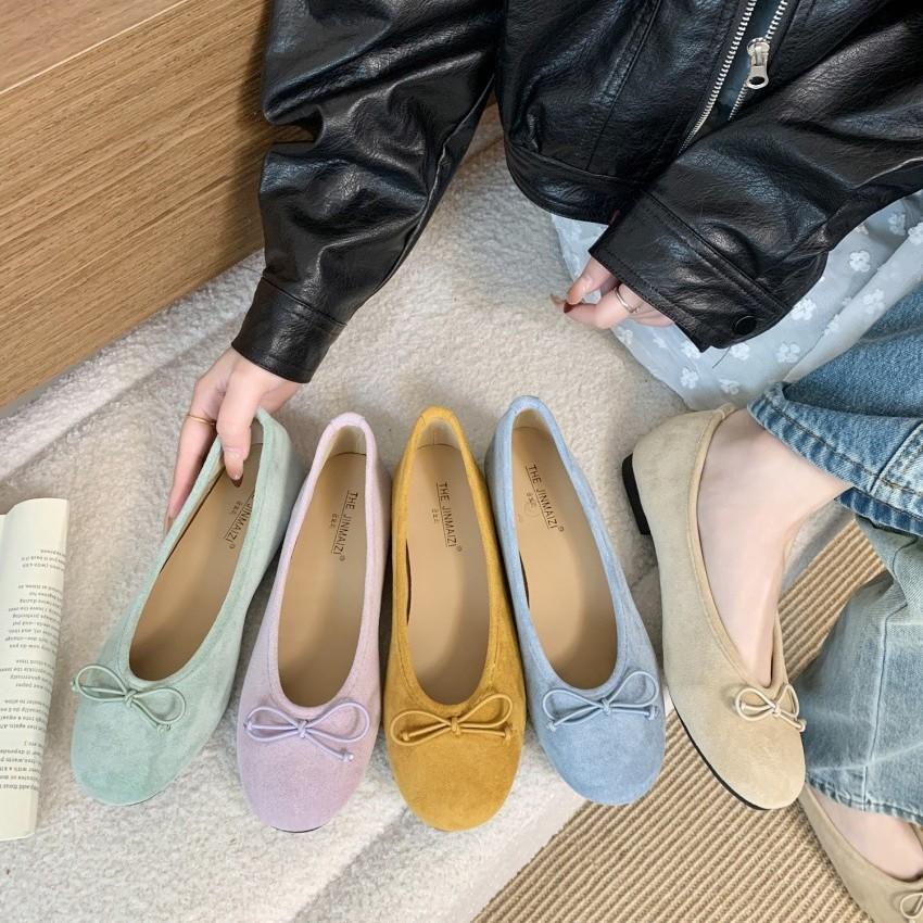 Spring and summer 2025 new bow suede shallow mouth single shoes round head comfortable soft sole not tired feet Doudou women's shoes