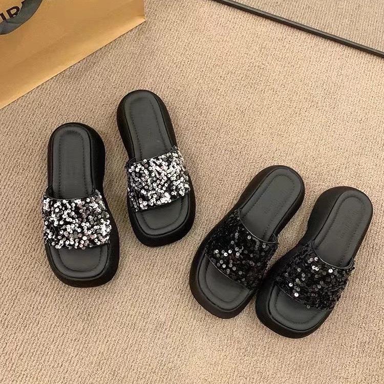 Slippers outer wear women's summer platform sandals half slippers women's sequins muffin bottom one word cool slippers comfortable and versatile
