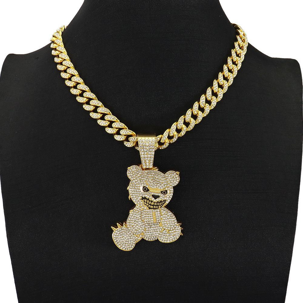 Cross Diamond Painting Bear Pendant Necklace - Trendy Hip-Hop Cuban Chain Clavicle Jewelry