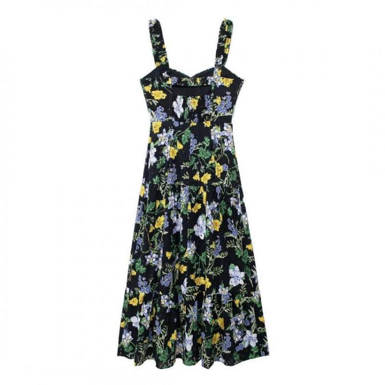 European American Women Fashion Summer Floral Print Spaghetti Straps Midi Dress