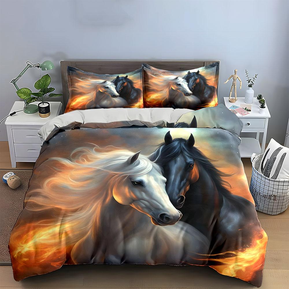 Horses Fiery Art Decor Set Bedding Set with 1 Duvet Cover 2 Pillowcases Single Double King Queen, Gift