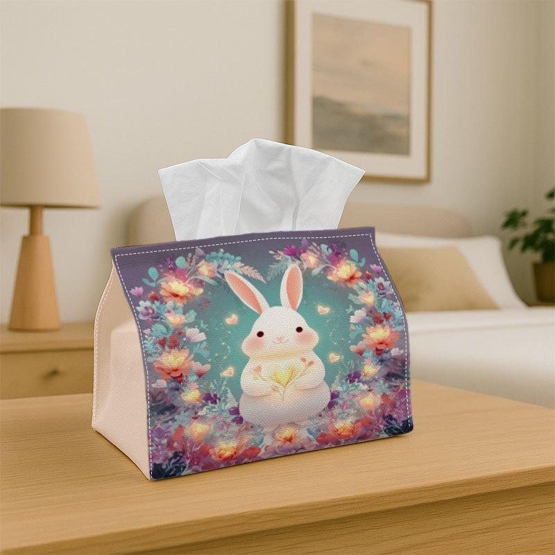 1pc Tissue Box Holder Cute White Rabbit Surrounded by Heart-shaped Floral Wreaths - Multifunctional Napkin Dispenser for Home Party Car Decor - Decora