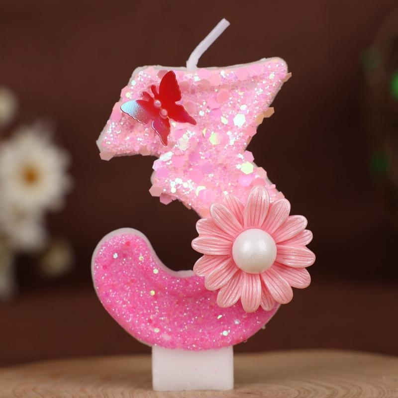 

Блестящий Розовый Цветок Бабочка Цифры Свеча для Торта на День Рождения Украшение для Вечеринки Один Год Ручная Работа Свечи 0-9 3