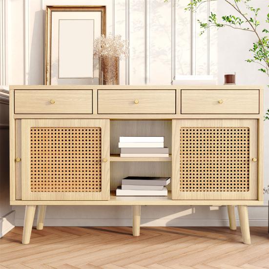 Mobile Organizzatore ad Ampio Spazio, Credenza, Cassettiera con 3 e Ante Scorrevoli, Intreccio in Rattan sulle Ante, Gambe in Legno Massello,